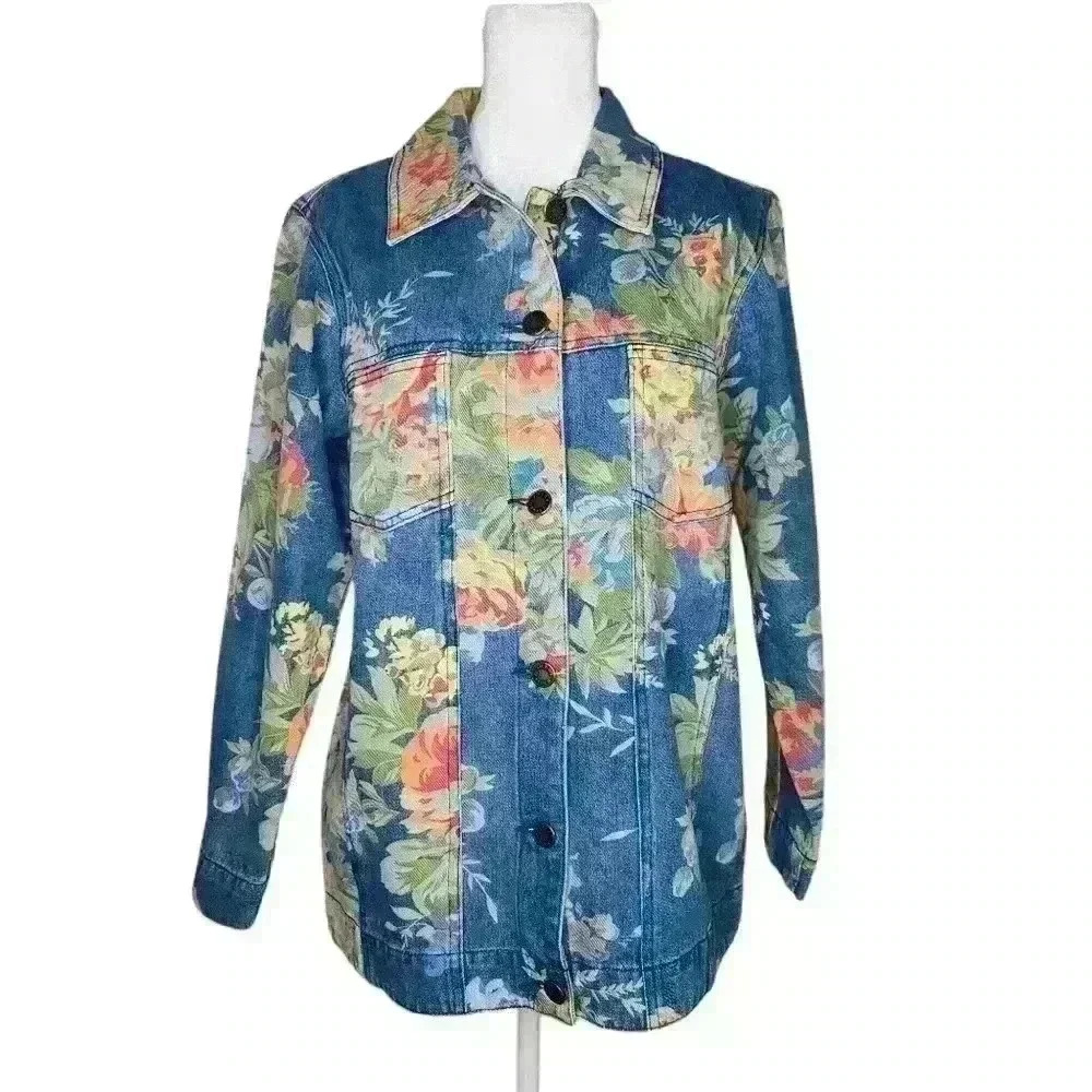 Denim Jacket Vintage Susan Graver 90’s Floral Women’s X-Small Long Length Cotton